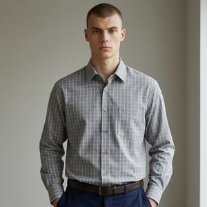 Zanella Shirt Mens Large Gray Good Plaid Check Button Down Cotton‎ Italy